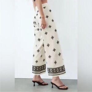 Zara embroidered linen white black wide leg high rise pant large